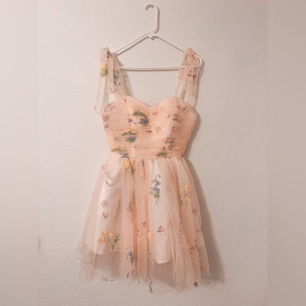 brand new women's homecoming dress pink cottagecore aesthetic embroidered